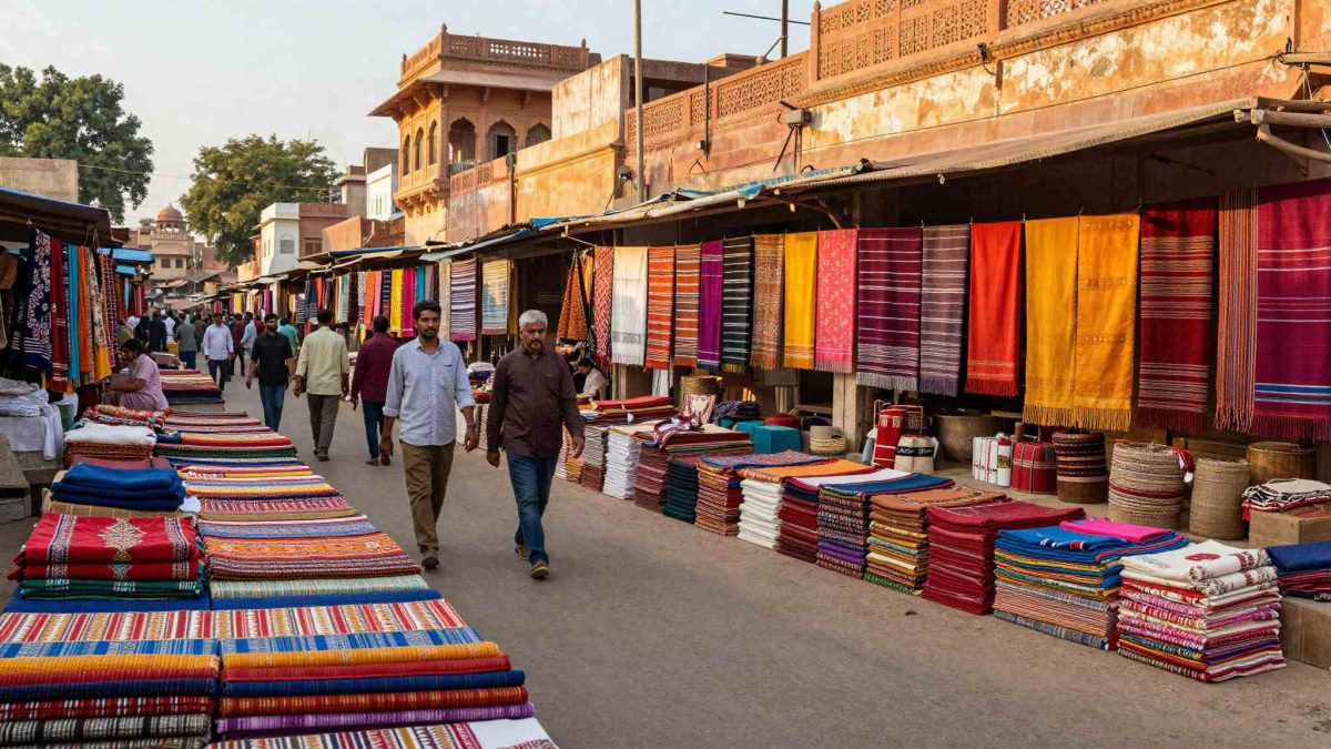 Colorful textile and clothing bazaar market street in Ahmedabad, India