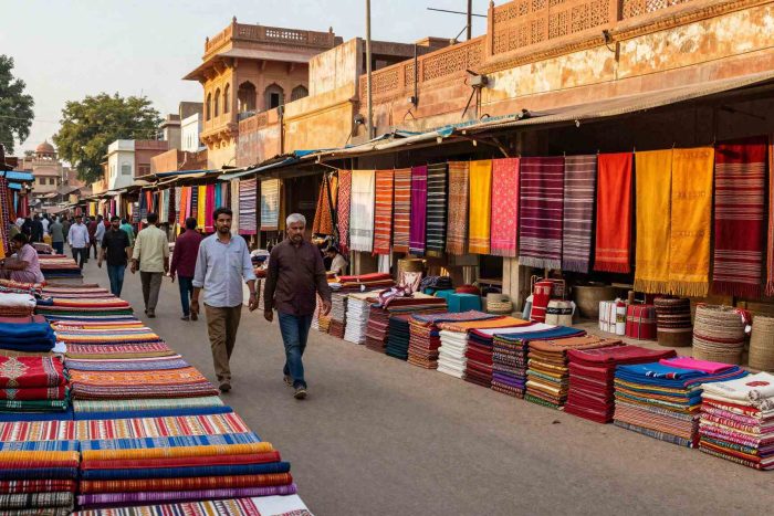 Colorful textile and clothing bazaar market street in Ahmedabad, India