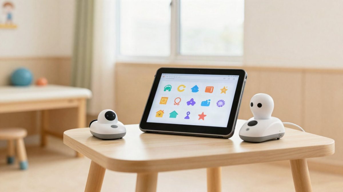 Tablet and assistive technology device in a bright pediatric therapy room