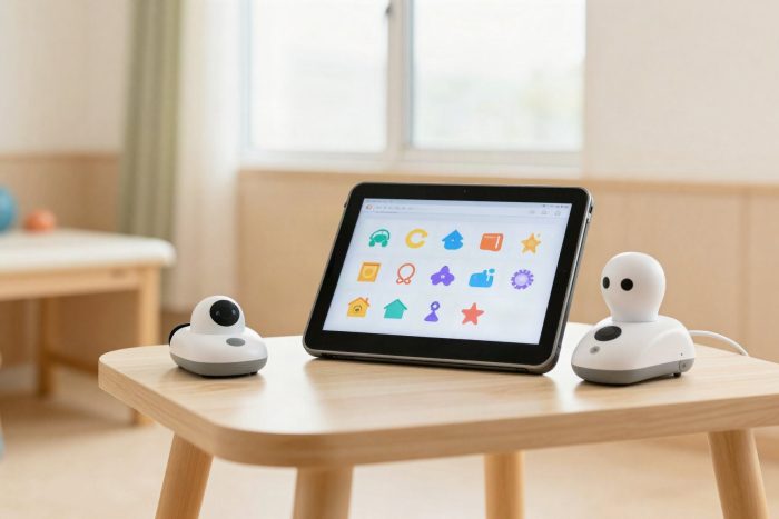 Tablet and assistive technology device in a bright pediatric therapy room