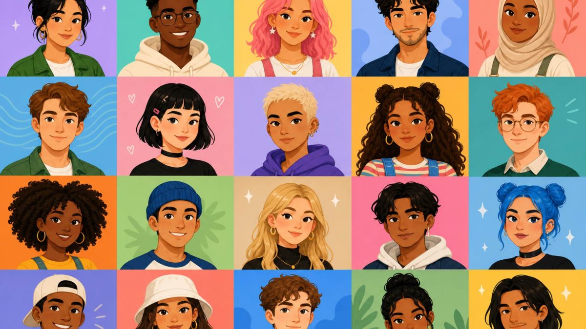 Grid of colorful illustrated avatar portraits with varied hairstyles and outfits