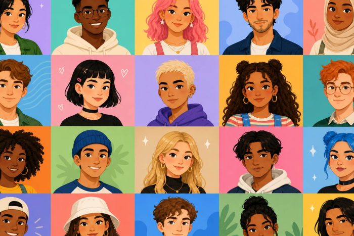 Grid of colorful illustrated avatar portraits with varied hairstyles and outfits