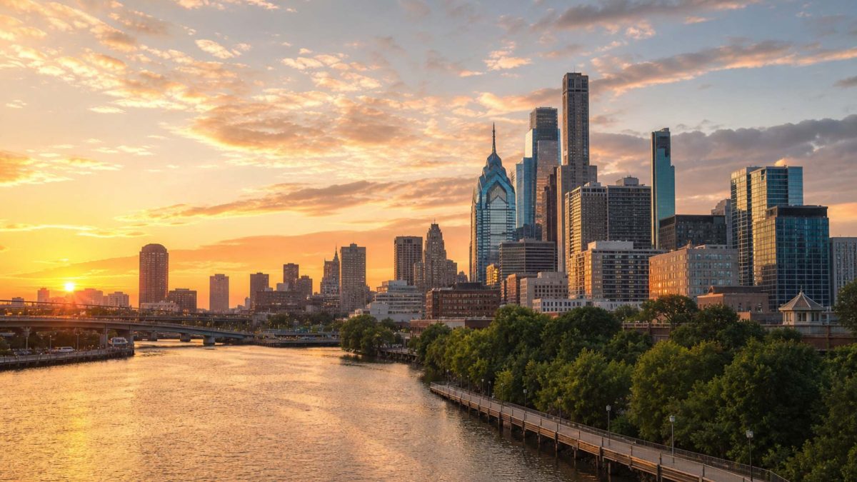 American city skyline and riverfront at golden hour