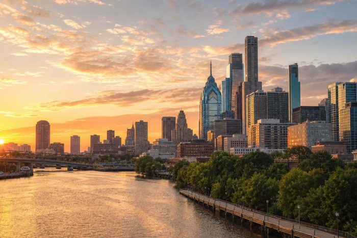 American city skyline and riverfront at golden hour