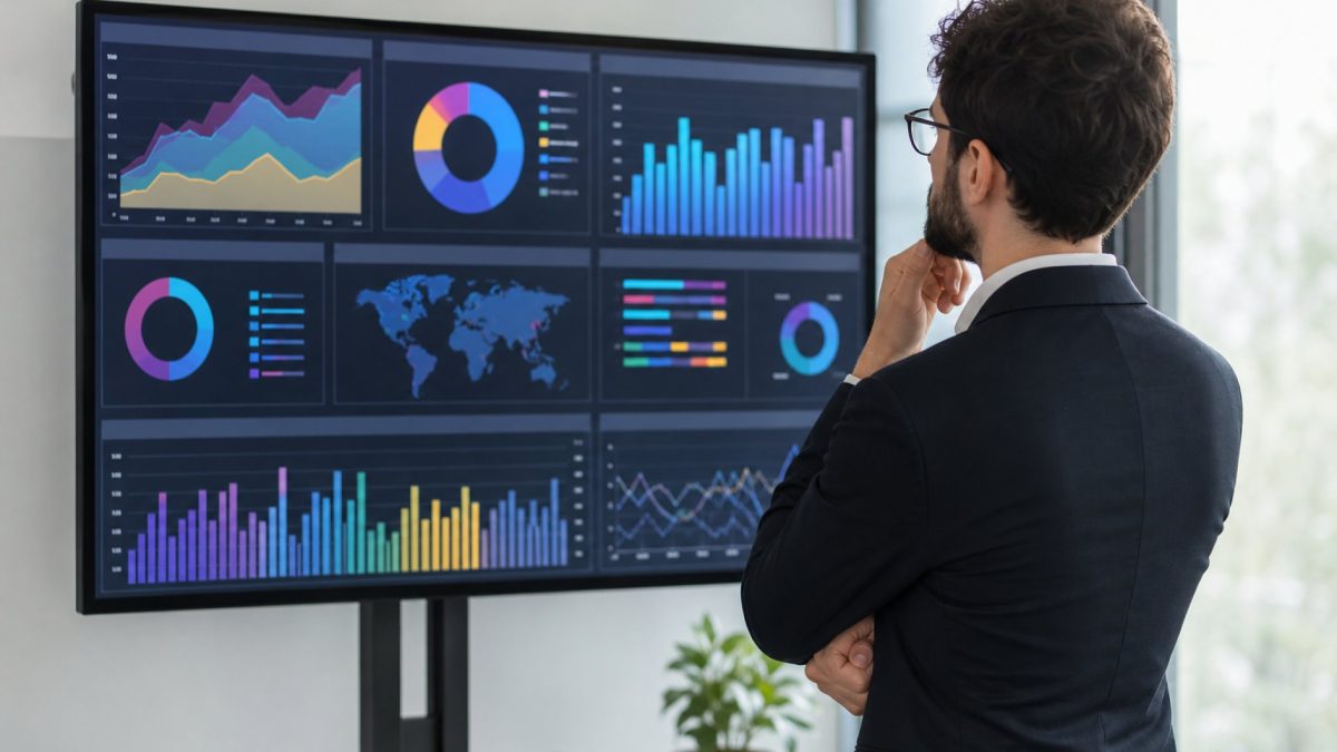 Business professional reviewing a business intelligence dashboard with charts and graphs on a large screen
