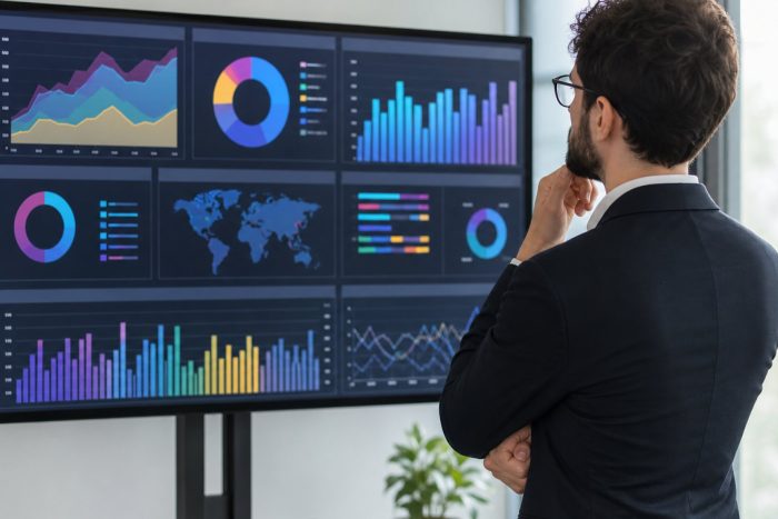 Business professional reviewing a business intelligence dashboard with charts and graphs on a large screen