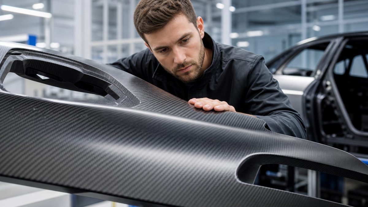 An engineer inspecting a lightweight carbon-fiber composite car body panel