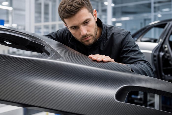 An engineer inspecting a lightweight carbon-fiber composite car body panel