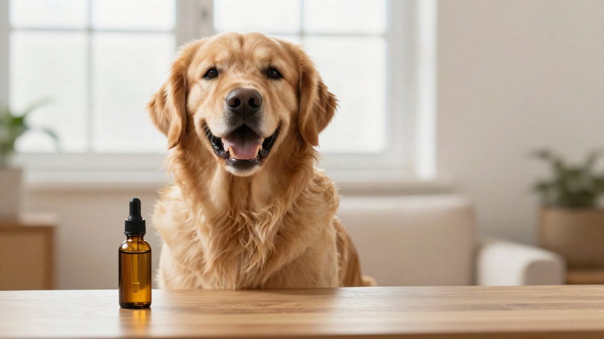 Happy dog at home beside a bottle of CBD hemp oil