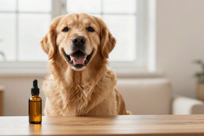Happy dog at home beside a bottle of CBD hemp oil