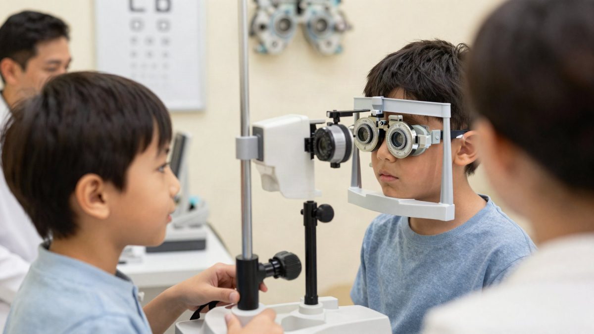 Child having an eye exam at an optometrist office