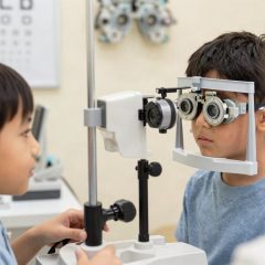 Child having an eye exam at an optometrist office