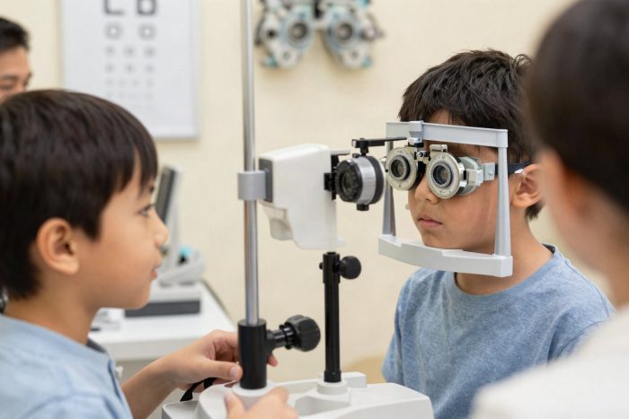 Child having an eye exam at an optometrist office