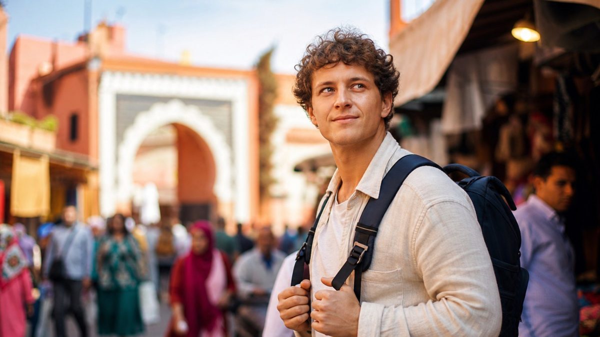 Traveler with a backpack taking in an unfamiliar city street abroad