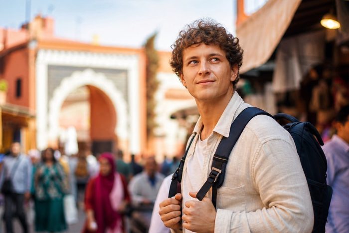 Traveler with a backpack taking in an unfamiliar city street abroad