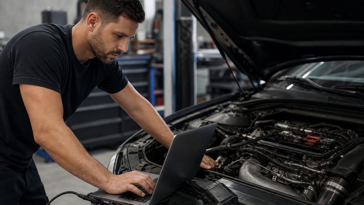 A mechanic performing ECU tuning on a car engine using a laptop