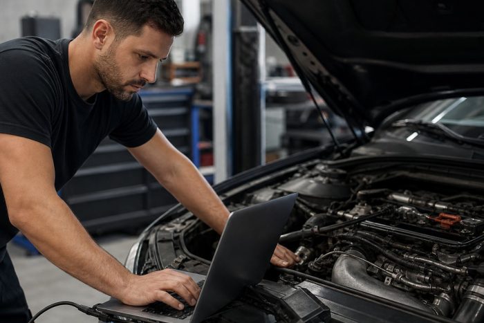 A mechanic performing ECU tuning on a car engine using a laptop