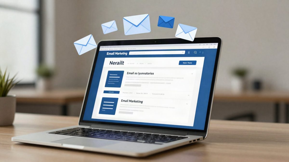 Laptop displaying a clean email newsletter layout with envelope icons