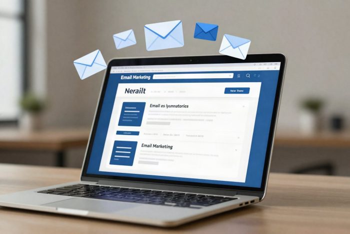 Laptop displaying a clean email newsletter layout with envelope icons