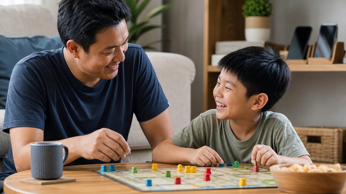 A parent and child laughing while playing a board game together, phones set aside in the background