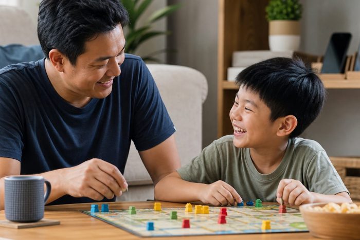 A parent and child laughing while playing a board game together, phones set aside in the background