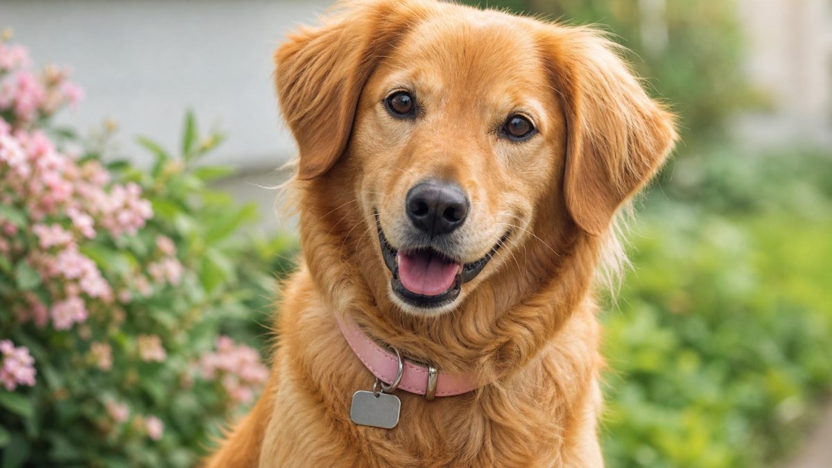 A female golden retriever wearing a pink collar with a blank ID tag
