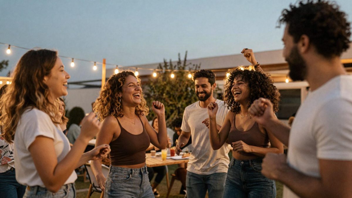 Group of friends laughing and dancing together at an outdoor evening gathering