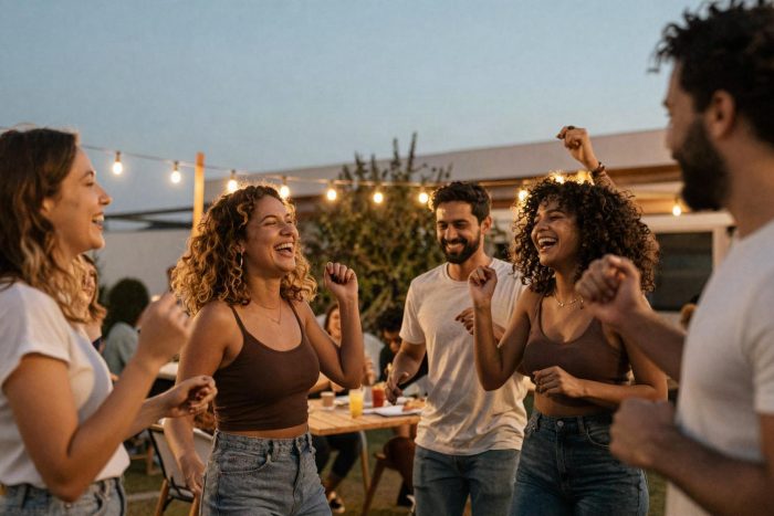 Group of friends laughing and dancing together at an outdoor evening gathering