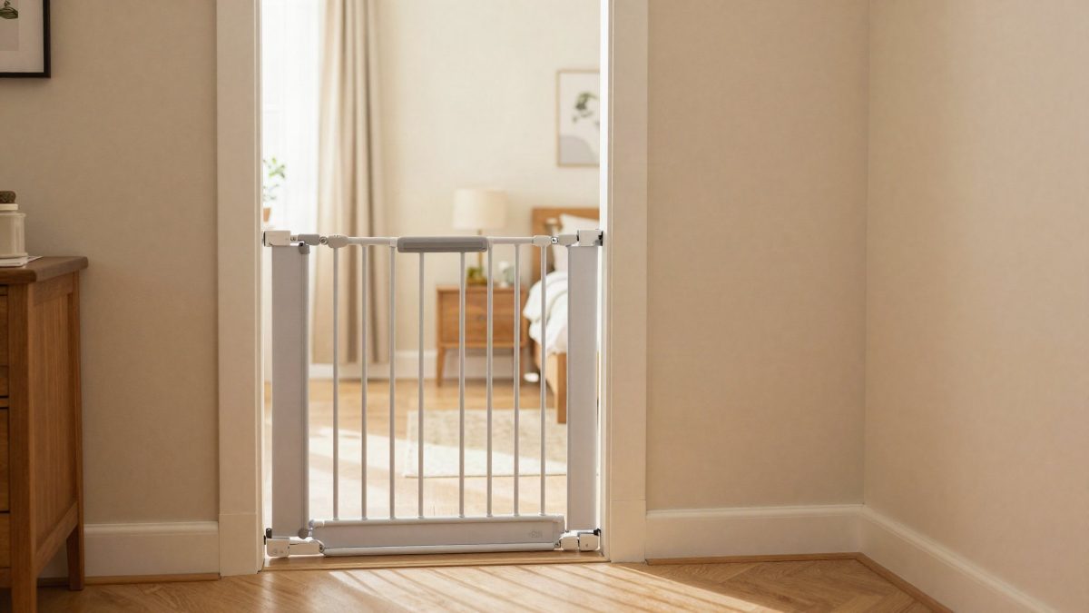 Stylish baby safety gate installed in a home doorway