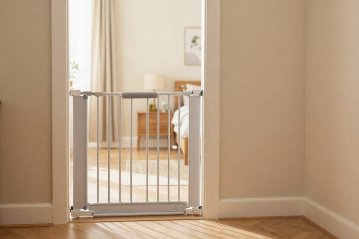 Stylish baby safety gate installed in a home doorway