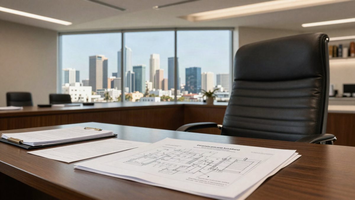 Intellectual property attorney office desk with patent documents