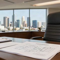 Intellectual property attorney office desk with patent documents