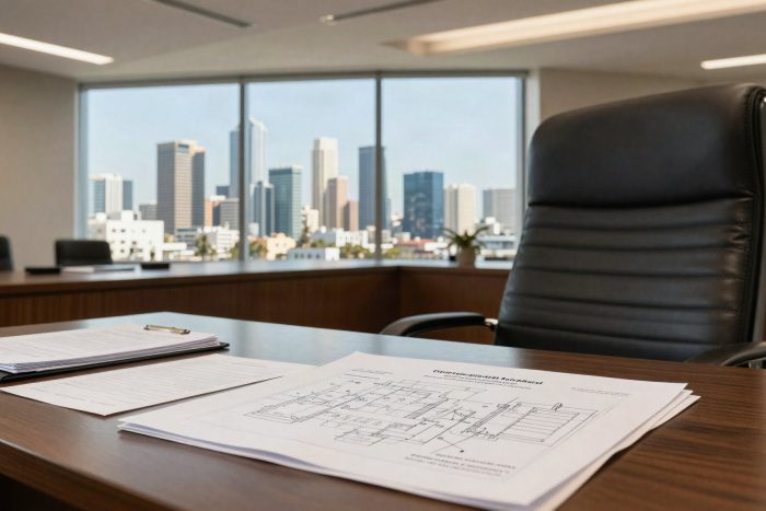 Intellectual property attorney office desk with patent documents
