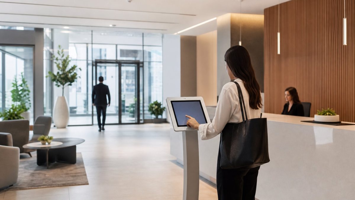 Self-service check-in kiosk at a modern office reception desk