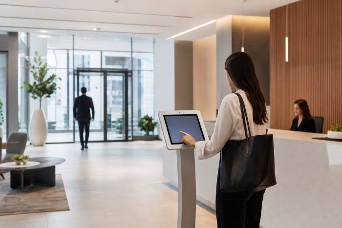 Self-service check-in kiosk at a modern office reception desk