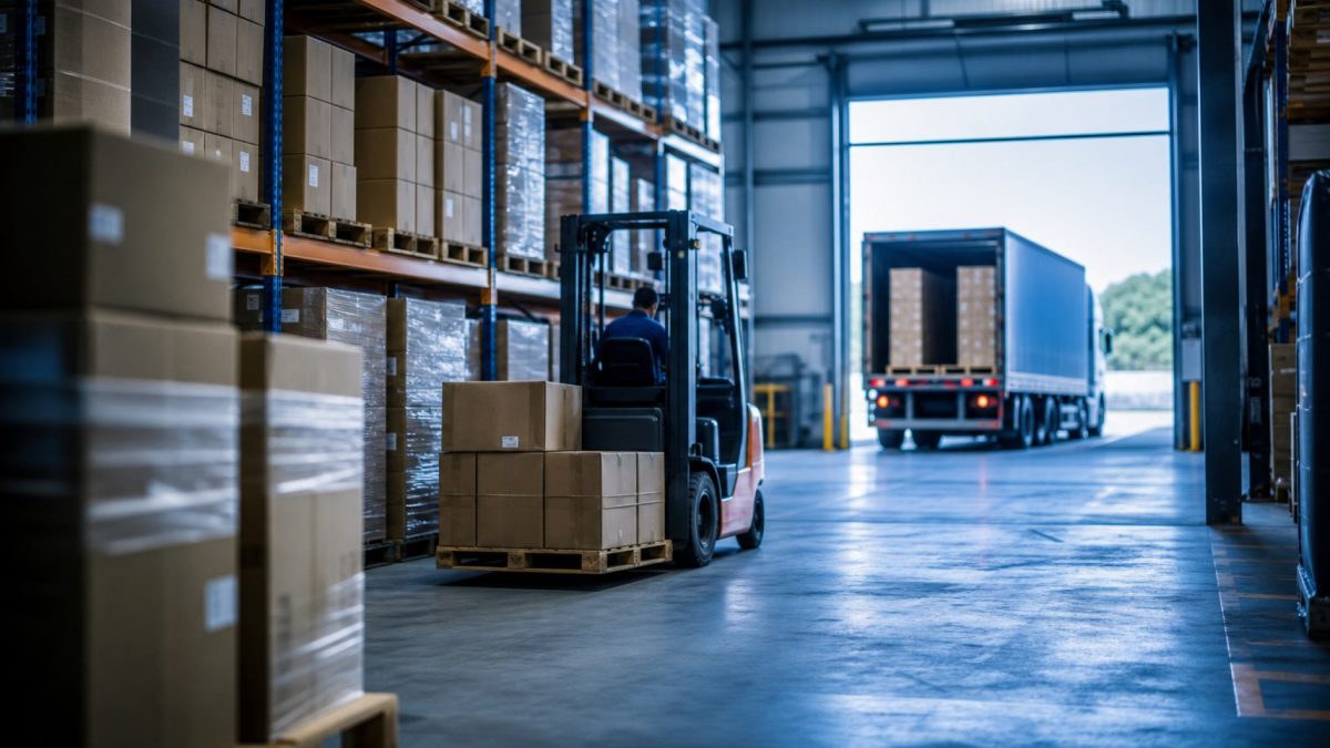 Warehouse worker driving a forklift with a delivery truck loading at the dock
