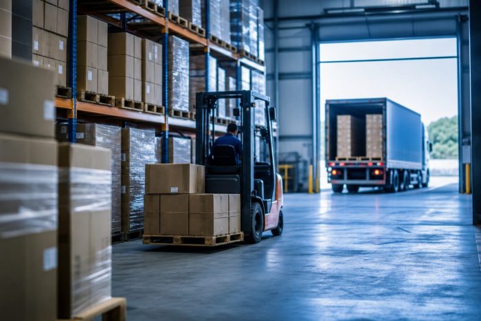 Warehouse worker driving a forklift with a delivery truck loading at the dock