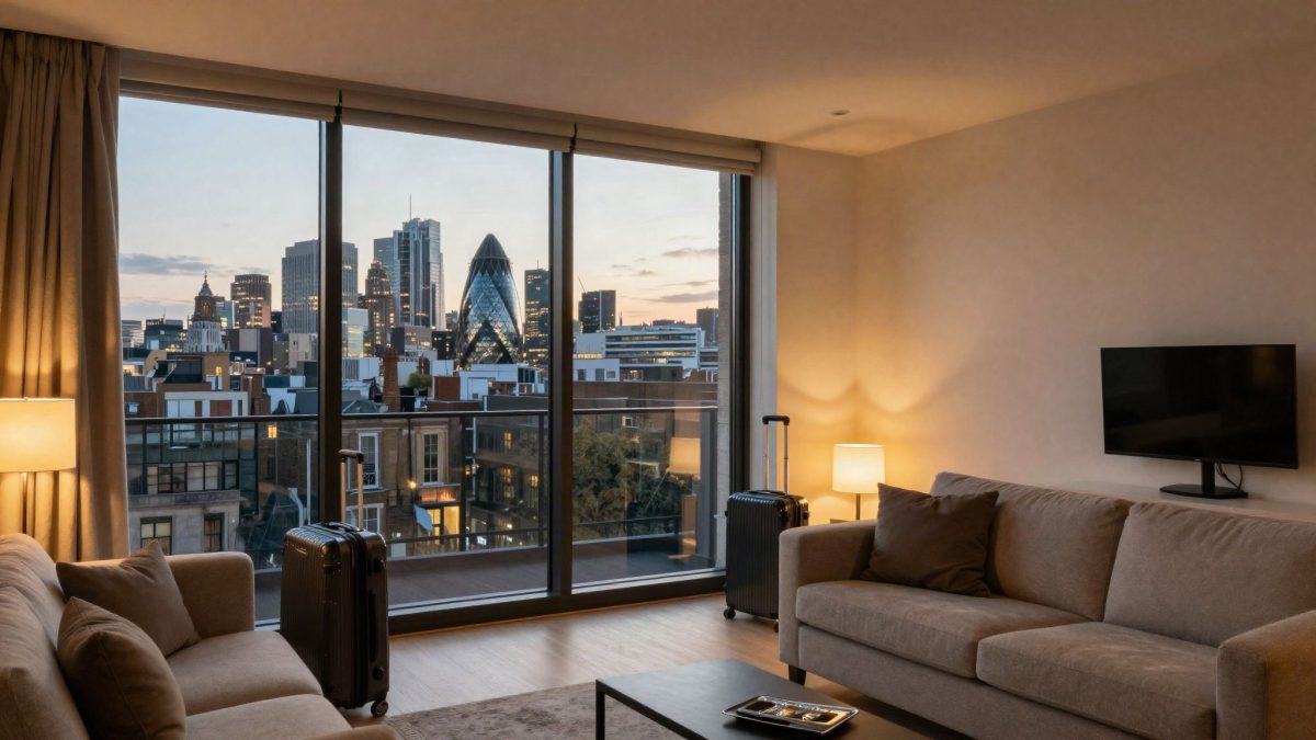 Cozy furnished apartment living room overlooking the London skyline at dusk