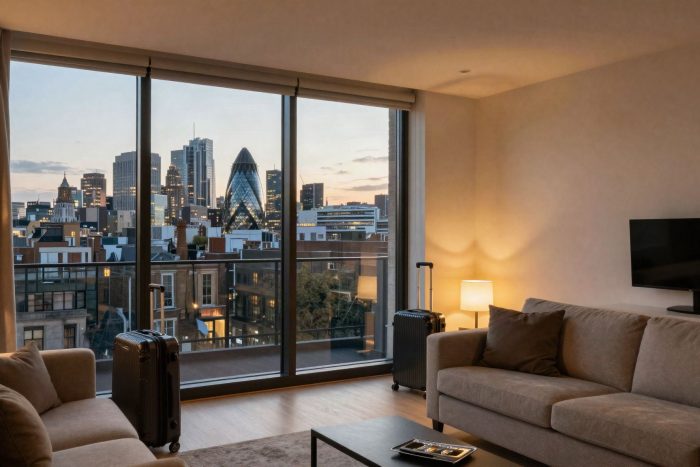 Cozy furnished apartment living room overlooking the London skyline at dusk