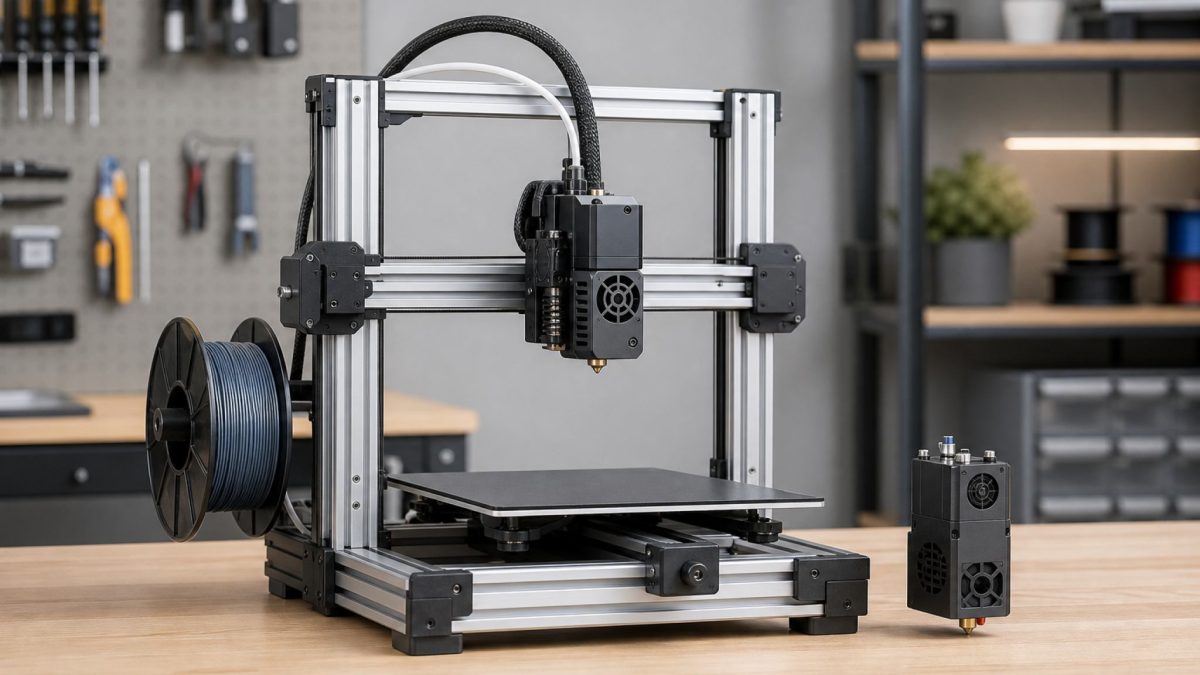 Modular desktop 3D printer with a swappable toolhead module beside it