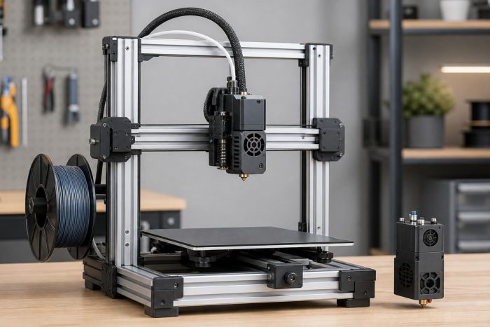 Modular desktop 3D printer with a swappable toolhead module beside it