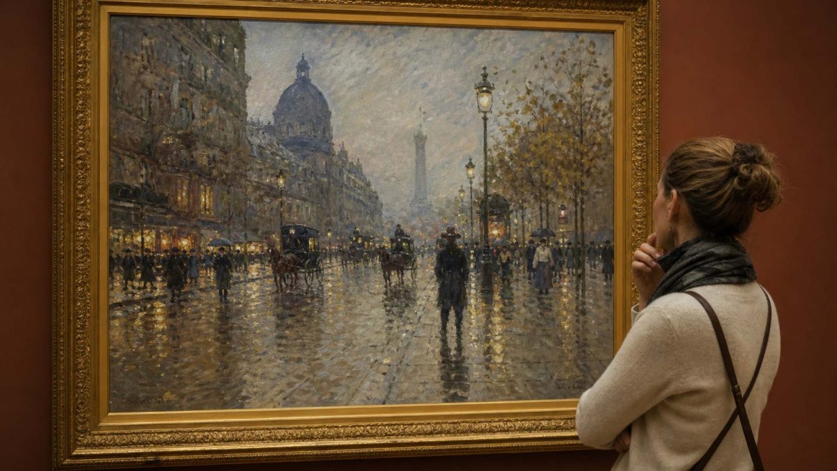 A museum visitor viewing a large framed Impressionist painting of a rainy Parisian street