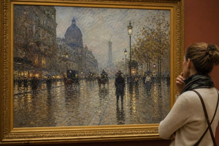 A museum visitor viewing a large framed Impressionist painting of a rainy Parisian street