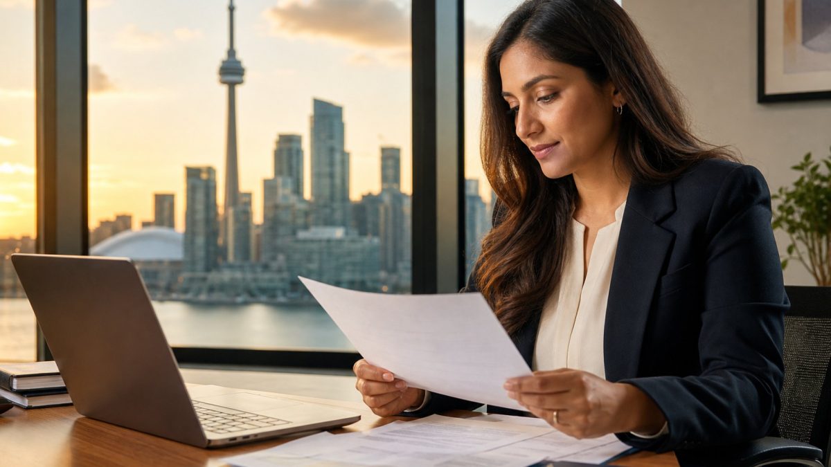 A professional reviewing immigration documents with the Toronto skyline in the background
