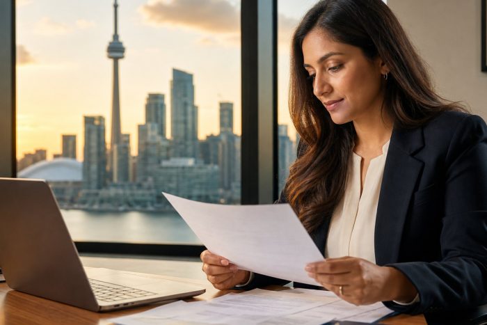 A professional reviewing immigration documents with the Toronto skyline in the background