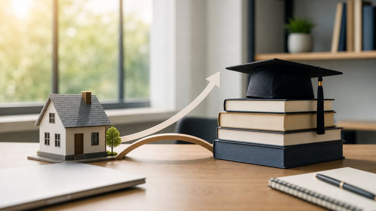 Model house connected by a rising arrow to a stack of books topped with a graduation cap