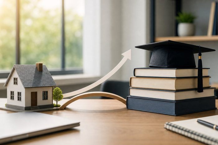 Model house connected by a rising arrow to a stack of books topped with a graduation cap