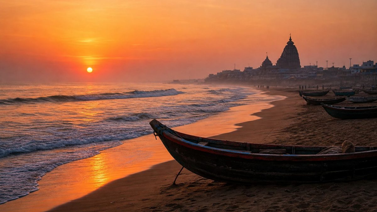 Sunrise over Puri Beach with fishing boats and a temple spire silhouette in the distance