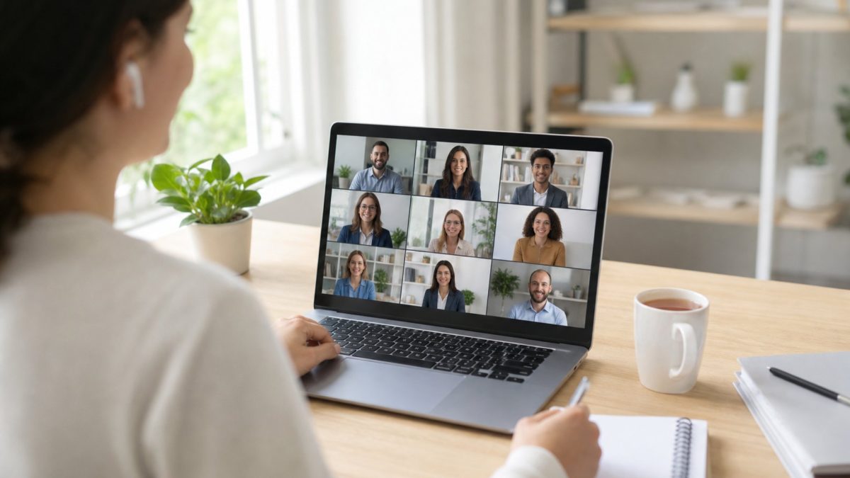 A remote worker participating in a video conference call with colleagues on a laptop