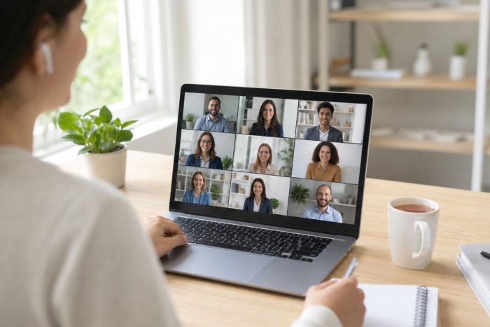 A remote worker participating in a video conference call with colleagues on a laptop